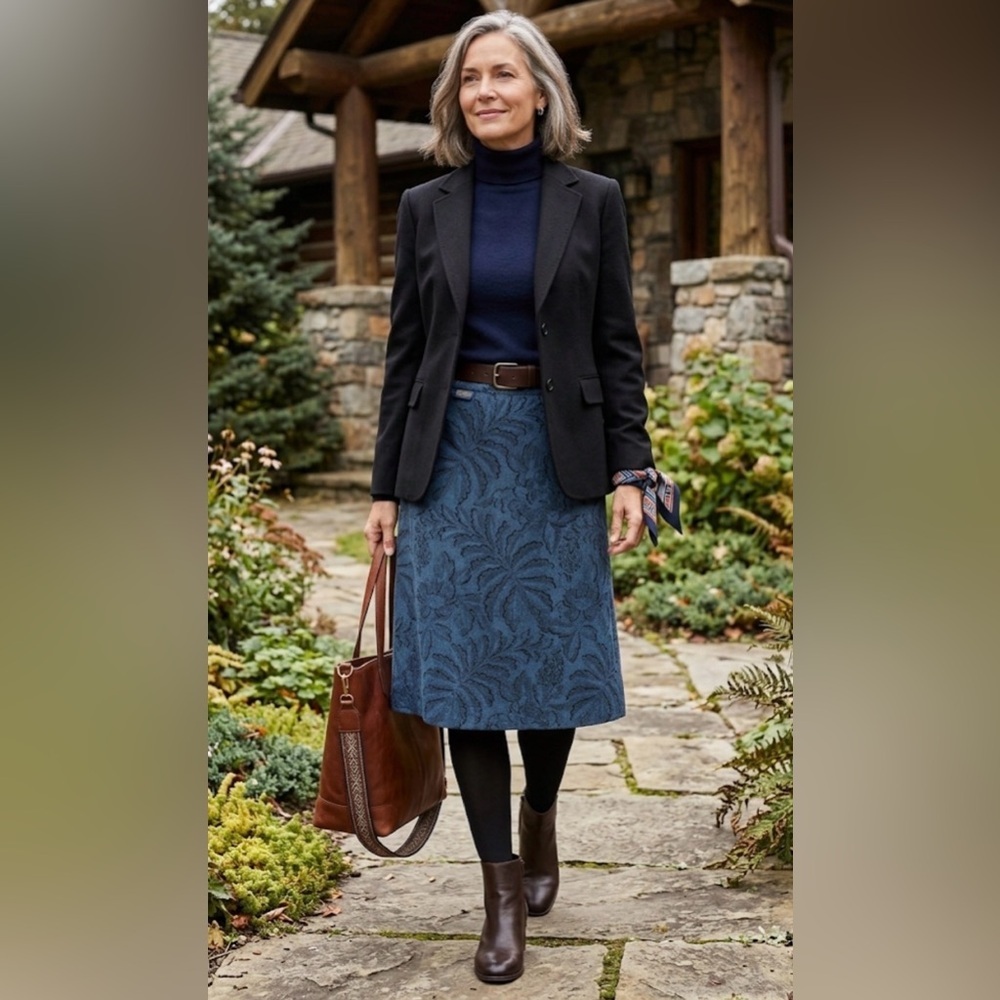 Elegant Pendleton Blue & Black Floral 100% Virgin Wool Pencil MIDI Skirt size 10